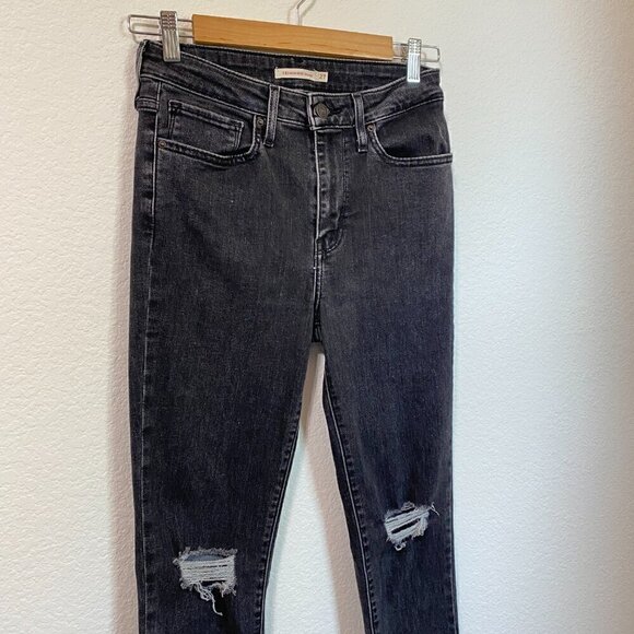 Levi’s 721 High Rise Skinny Distressed Split Knee Black Washed Jeans Size 27 - Picture 3 of 8